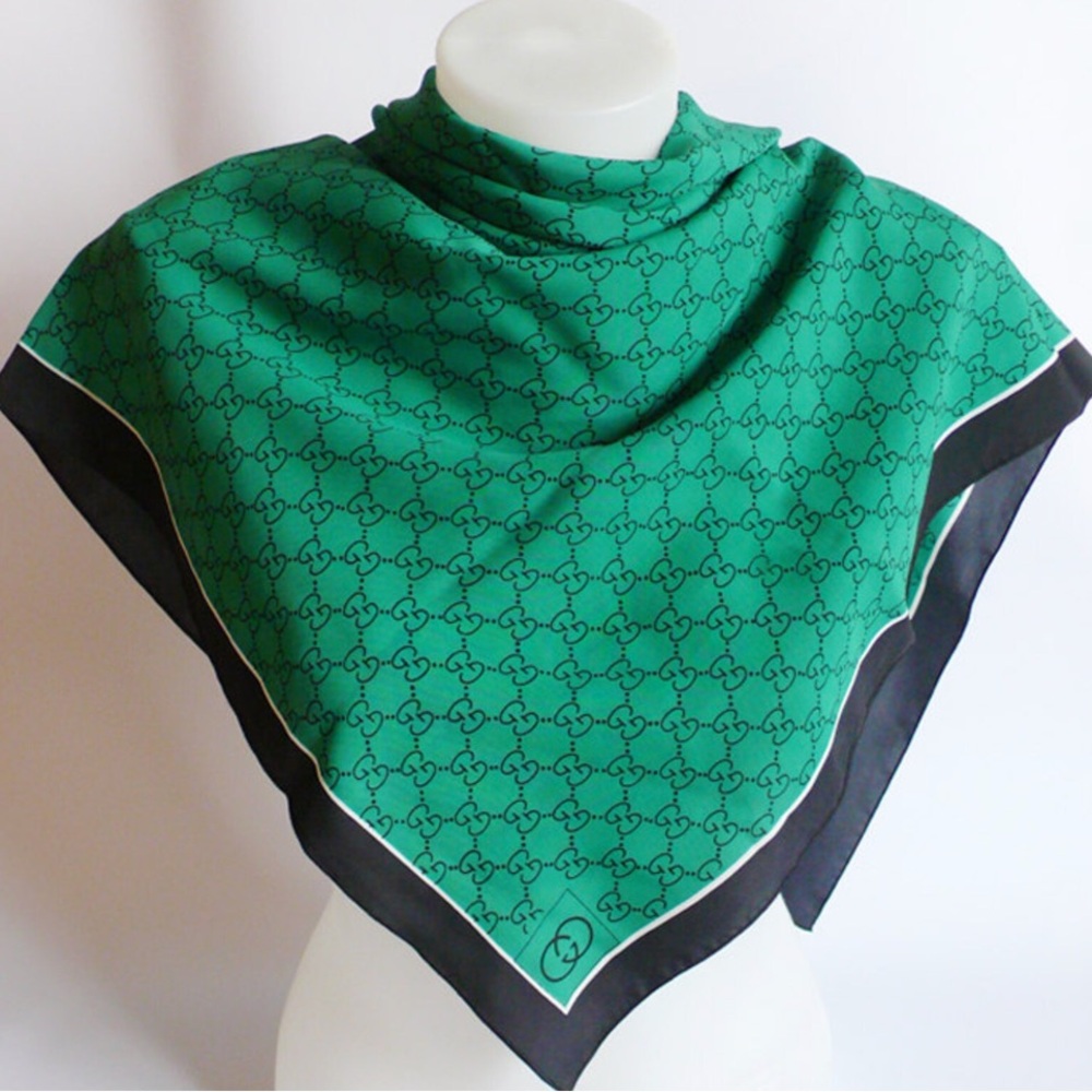 Rare GUCCI Silk Emerald Green Scarf with Black Monogram